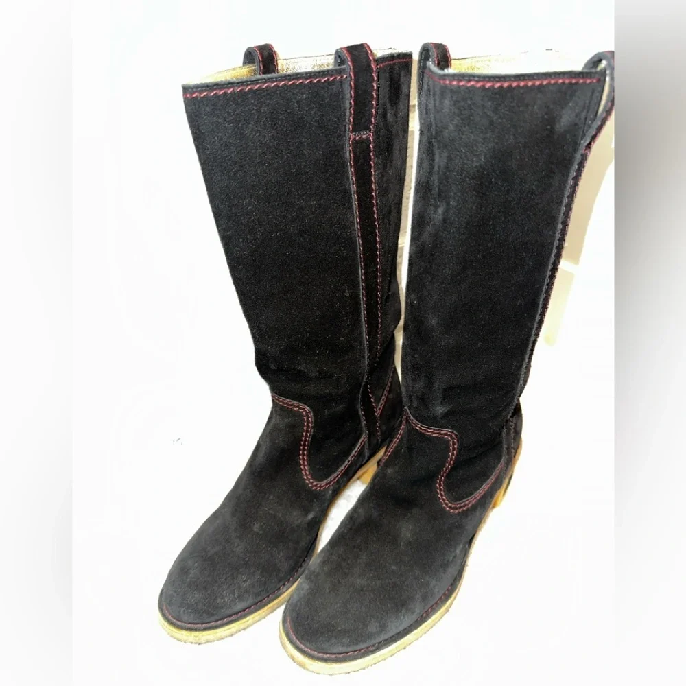 Chanel Mid Calf Block Heel Black Suede Pink Stitching Boots Size 37.5